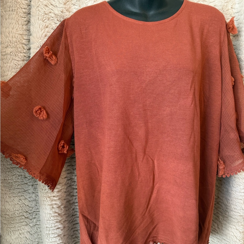 Women's Burnt Orange Blouse with Sheer Sleeve, Floral Details